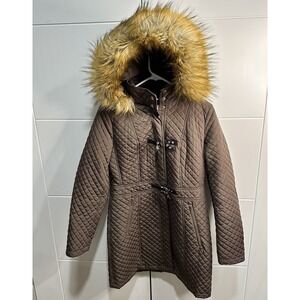 Ivanka Trump Faux Fur Winter Hooded Coat Jacket Brown Womens Size Small EUC